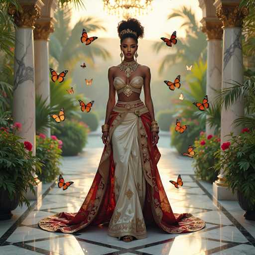 In this AI-generated image, a woman stands gracefully on a marble floor adorned with black lines forming a star pattern. She is dressed in a striking outfit that includes a red and gold skirt, a white and gold midriff top, and a flowing cape. Her ensemble is complemented by a golden belt and a golden headpiece. She has dark skin, black hair styled in an updo, and wears large earrings. Surrounding her are numerous orange butterflies with black-tipped wings, adding a touch of whimsy to the scene. The background features white marble columns with gold accents, lush green plants, and a chandelier hanging from the ceiling. The overall setting is bright and clear, with ample natural light enhancing the vivid details of the image.