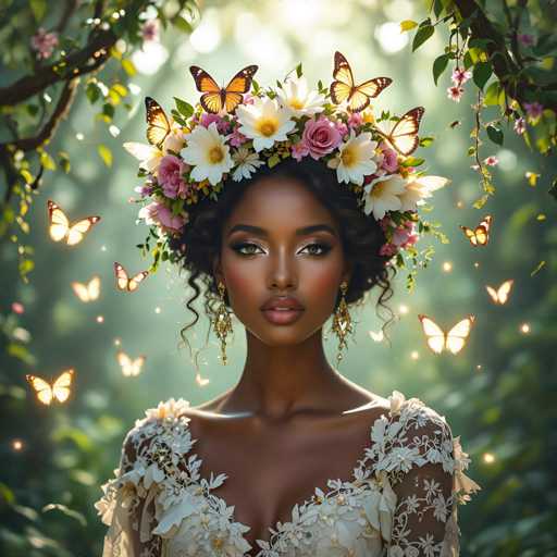 The image features a beautiful young woman wearing an ornate white dress with lace detailing and a flower crown. She is surrounded by numerous butterflies, which are scattered throughout the scene in various positions, adding a sense of movement and liveliness to the image. The combination of the elegant attire and the whimsical presence of the butterflies creates a captivating and enchanting atmosphere.