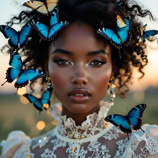 The image features a beautiful young woman with curly hair, wearing a white lace dress and adorned with blue butterflies on her head. She has dark skin tones that complement the vibrant colors of the butterflies. The butterflies are spread out around her, creating an enchanting atmosphere in the scene.
