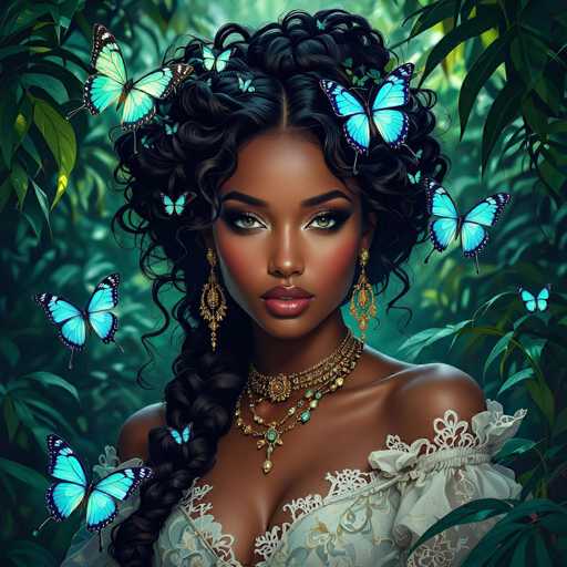 This digital artwork features a striking portrait of a young African-American woman with long, curly black hair styled in a braid that drapes over her right shoulder. She has a medium complexion and is adorned with elaborate gold jewelry, including long, dangling earrings and multiple chokers that encircle her neck. Her attire is a white, lacy dress with off-the-shoulder sleeves, adding to her ethereal appearance. The woman's eyes are a captivating greenish-brown, and her lips are painted a vivid red. Surrounding her head are several blue butterflies, with one prominently positioned on the left side of her head and another on the right. The background is a lush, green forest, enhancing the natural and mystical aura of the scene.