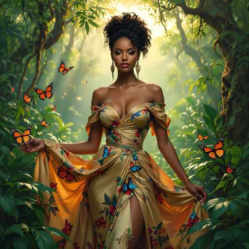 In this captivating image, a stunning African-American woman stands gracefully in the heart of a lush forest. She is adorned in a breathtaking, low-cut dress that features a vibrant yellowish-green hue, embellished with intricate blue and red floral patterns. The dress is designed with elegant off-the-shoulder sleeves that add a touch of sophistication to her ensemble. Her hair is styled in a voluminous bun, accentuating her natural beauty, and she wears long, dangling earrings that catch the light.

The woman's pose is both poised and serene, with her right hand extended outward, palm up, as if inviting the natural world around her. Her left hand gently holds the fabric of her dress, revealing a daring slit that extends up to her hip. The forest setting is teeming with life; numerous monarch butterflies flit around her, their orange wings adorned with black spots, while lush green leaves and trees frame the scene on either side. The interplay of light and shadow adds depth to the image, with a bright light source in the background casting a warm glow over the entire scene. This enchanting portrait captures a moment of perfect harmony between the woman and her natural surroundings.
