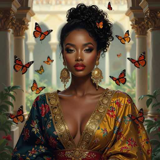 This AI-generated image features a strikingly beautiful African-American woman with dark skin and a high, curly black hairdo. She is adorned with large, ornate gold earrings that dangle elegantly from her ears. Her makeup is meticulously applied, highlighting her full lips and enhancing her natural beauty. She is dressed in a sumptuous gown that combines gold and navy blue hues, embellished with intricate floral patterns and gold trim. The dress is low-cut, revealing a hint of cleavage. Surrounding her are numerous monarch butterflies, adding a touch of whimsy and natural beauty to the scene. She stands in front of a backdrop of white pillars, which are part of a building, with lush greenery and plants visible in the background, creating a serene and picturesque setting.