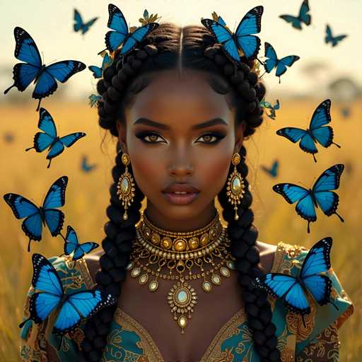 The image features a beautiful woman with long braids and an elaborate blue butterfly headdress. She is wearing a gold necklace, earrings, and a matching dress that complements her stunning appearance. The background of the picture is filled with numerous butterflies in various sizes and colors, creating a captivating and enchanting atmosphere around the woman.