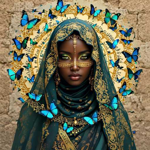 The image features a beautiful woman wearing traditional Middle Eastern clothing, including a headscarf and a robe. She is adorned with blue butterflies that are intricately designed around her neck and face, adding an elegant touch to her appearance. The woman's gaze is directed towards the camera, making for a captivating portrait.