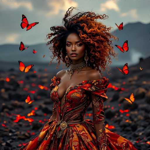 A striking photograph captures a black woman with an extraordinary blend of natural and fantastical elements. She stands confidently, her gaze fixed directly at the camera, exuding a powerful presence. Her hair is an impressive display of wild, frizzy curls, predominantly black with vibrant orange highlights that catch the light. She wears a dress that is both elegant and daring, featuring a plunging neckline that reveals a generous amount of cleavage. The dress itself is a stunning piece of craftsmanship, adorned with intricate patterns in shades of orange, red, and black. It is form-fitting, accentuating her figure, and includes a dramatic slit that extends up to her chest, adding to its allure.

Her accessories are equally eye-catching. She wears a choker necklace that appears to be made of gold, adding a touch of opulence to her ensemble. Her earrings are long and dangling, with a teardrop shape that complements her overall look. The dress is further embellished with a large, ornate belt at the waist, featuring a prominent buckle that serves as a focal point.

Surrounding her are numerous butterflies, their wings shimmering in shades of orange and black, creating a magical atmosphere. The background is a surreal landscape of dark, almost black rocks, interspersed with glowing red and orange spots that resemble molten lava. This fiery backdrop contrasts beautifully with the serene blue sky above, dotted with white clouds, adding depth and a dreamlike quality to the scene. The combination of the woman's bold appearance, the fantastical butterflies, and the dramatic landscape creates a captivating and otherworldly image.