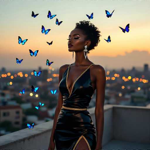 A stunning, high-fashion portrait of a Black woman with curly hair wearing a shimmering black dress and ornate earrings. She is standing on a rooftop, looking upwards with her eyes closed, surrounded by numerous blue butterflies fluttering around her. The background features a blurred cityscape at sunset with warm orange and yellow hues, creating a dreamy and ethereal atmosphere. The lighting is soft and dramatic, highlighting the woman's elegant features and the shimmering details of her dress. The overall composition is artistic and evocative, emphasizing a sense of serenity and magic.