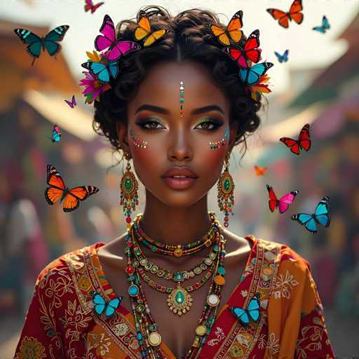 The image depicts a young woman with dark skin and short, curly brown hair styled in a bun. She is adorned with an array of colorful accessories, including a striking necklace featuring a large green gemstone, multiple beaded necklaces, and long, dangling earrings with green stones. Her face is embellished with a vertical line of beads on her forehead, and she has intricate face paint in shades of blue, green, and red on her cheeks. Surrounding her head are numerous butterflies in vibrant hues of orange, blue, pink, and purple, adding a whimsical touch to the scene. She is dressed in a red and orange floral-patterned dress, and the background is blurred, suggesting a bustling outdoor market with indistinct figures and colorful stalls. The overall composition is rich in color and detail, creating a vivid and enchanting portrait.