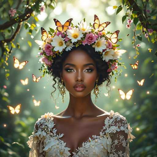 This image depicts a strikingly beautiful African-American woman with dark skin and curly black hair styled in a bun. She is adorned with a vibrant floral headdress featuring an array of flowers in shades of pink, white, and yellow, interspersed with lush green leaves. The headdress is further embellished with butterflies, predominantly orange and black, with a few white ones, adding a magical touch to her appearance. She wears elegant gold earrings that dangle from her ears, and her makeup is meticulously applied, highlighting her brown eyes and full lips. Her attire is a white dress with intricate floral patterns, and the image captures her from the chest up, emphasizing her graceful and serene expression. The background is a soft, blurred green, suggesting a forest setting, with sunlight filtering through the trees, enhancing the ethereal quality of the scene.