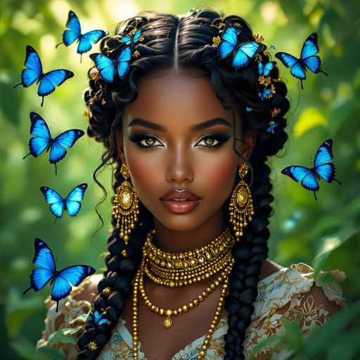 This AI-generated image depicts a young African-American girl with a strikingly realistic appearance. She has long, dark hair intricately braided and adorned with delicate flowers. Her face is framed by thick, dark eyebrows and long eyelashes, accentuating her expressive brown eyes. Her lips are painted a soft pink, and her cheeks are blushed with a rosy hue, giving her a fresh, youthful look.

She is dressed in a white shirt with a floral pattern, which complements her overall appearance. Around her neck, she wears an elaborate gold necklace featuring a central pendant. The necklace is composed of multiple strands, each adorned with small gold circles, adding to the ornate design.

Blue butterflies flutter around her, adding a whimsical touch to the scene. The background is a lush green, suggesting she is in a natural setting, possibly a forest or garden. The image is highly detailed, with the girl's features and the surrounding elements rendered with a high degree of realism, making it difficult to distinguish from a photograph at first glance.
