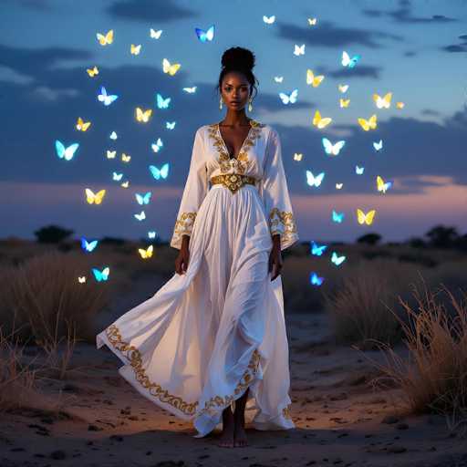 A woman in a flowing white dress with golden embroidery stands on a sandy beach under a twilight sky filled with glowing butterflies. The woman is facing the viewer, her dark hair styled in an updo, and she wears golden earrings. The dress has a deep V-neck and long sleeves with intricate gold detailing. She is barefoot, and the dress flares out as she stands. The background features a soft gradient of blue and purple in the sky, with some faint clouds visible. The sand is golden-brown, and tall, dry grasses frame the scene on either side of the woman. The butterflies are a mix of blue and gold, with their wings glowing softly. The overall mood is ethereal and dreamlike.