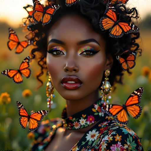 A stunning photograph captures a young African-American woman standing in a field of vibrant yellow flowers, possibly daisies. The image is taken from a low angle, looking up at her, which accentuates her presence and the natural beauty surrounding her. She is adorned in a black dress or top, intricately decorated with a variety of colorful flowers, including white, yellow, pink, and orange blooms. A black choker necklace, embellished with a floral pattern, complements her attire.

Her hair is styled in a short, curly fashion, and she wears long, dangling earrings that add to her elegant appearance. Her makeup is striking, with bold red lipstick and eye shadow that features a blend of blue, yellow, and orange hues. The most captivating element of the photograph is the numerous monarch butterflies fluttering around her head, creating a magical and ethereal atmosphere. The butterflies are positioned in various directions, with some appearing to rest on her hair, enhancing the enchanting quality of the scene.