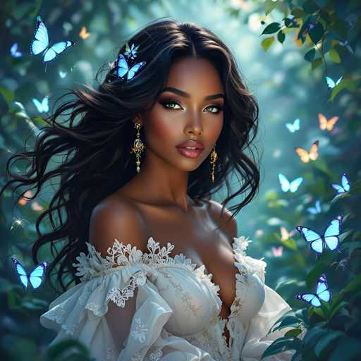 A stunning portrait of a beautiful Black woman with long, flowing dark hair adorned with vibrant blue butterflies. She is wearing an elegant white off-the-shoulder gown with intricate lace detailing and ornate gold earrings. Her makeup is glamorous, emphasizing her captivating eyes and full lips. The background is a soft, dreamy forest setting with lush green foliage and more butterflies fluttering around her. The overall mood is ethereal, magical, and serene.