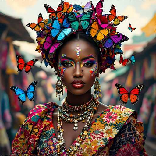 The image depicts a strikingly beautiful African woman adorned in traditional attire. She wears an elaborate headdress featuring a multitude of butterflies in vibrant colors—orange, blue, pink, purple, and yellow—some of which appear to be flying off. Her face is painted with intricate designs in shades of blue, yellow, and orange, extending from her forehead down to her cheeks. She has long, dangling earrings and a multi-strand beaded necklace, with additional beads hanging from it. Her dress is equally colorful, adorned with floral patterns in hues of yellow, red, blue, and pink. The background is blurred, suggesting a bustling marketplace with indistinct buildings and people. The overall scene is a vivid celebration of color and culture, capturing the woman's regal and artistic presence.