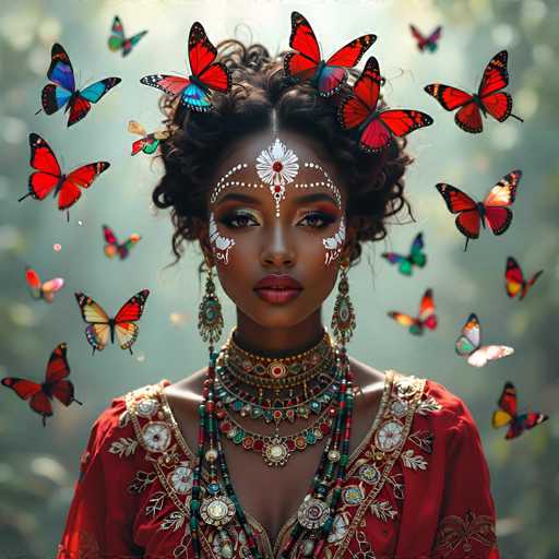 This image depicts a strikingly beautiful woman adorned in traditional Indian attire. She wears an elaborate red dress embellished with intricate gold and silver embroidery, which cascades down her shoulders in a V-neck. Around her neck, she sports an array of ornate necklaces, each more resplendent than the last, featuring a variety of colorful beads and jewels. Her long, dangling earrings are equally captivating, adorned with intricate designs and hanging beads.

Her face is painted with a delicate white design that frames her eyes and extends down her cheeks, adding an ethereal quality to her appearance. Her lips are painted a vibrant red, and her eyes are accentuated with a bold black and red eyeshadow, giving her a fierce yet elegant gaze.

Crowning her head is a majestic arrangement of butterflies, their wings a mix of red, black, and blue, creating a stunning contrast against her dark hair. Additional butterflies flutter around her, adding to the magical atmosphere of the scene.

The background is a soft, blurred blend of green and blue hues, which serves to further highlight the woman's vivid presence. The overall effect is one of serene beauty and cultural richness, capturing the essence of traditional Indian artistry and grace.