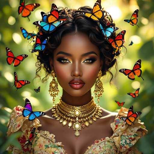 The image features a beautiful woman with dark hair and striking green eyes, wearing an elaborate gold jewelry ensemble. She is surrounded by numerous butterflies of various colors, creating a captivating scene that complements her elegant appearance. The combination of the butterfly-adorned woman and the colorful butterflies in the background creates a visually stunning and enchanting atmosphere.