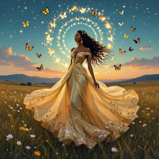 The image depicts a stunning, AI-generated scene of a woman standing in a vast, grassy field adorned with white and yellow flowers. She is wearing a flowing, golden-yellow gown with intricate floral patterns and a deep V-neckline that reveals her shoulders. The dress, which has a sheer overlay and a full skirt, is complemented by a headband and long, dangly earrings. Her long, dark brown hair cascades down her back, and she gazes to the left with a serene expression.

Surrounding her are numerous monarch butterflies, their orange and black wings adding a touch of magic to the scene. Above her head, a radiant halo of stars and light forms a circular pattern, enhancing the ethereal atmosphere. The sky behind her transitions from a deep blue at the top to a warm orange near the horizon, suggesting either a sunrise or sunset. In the distance, a range of mountains and scattered trees complete the picturesque landscape.