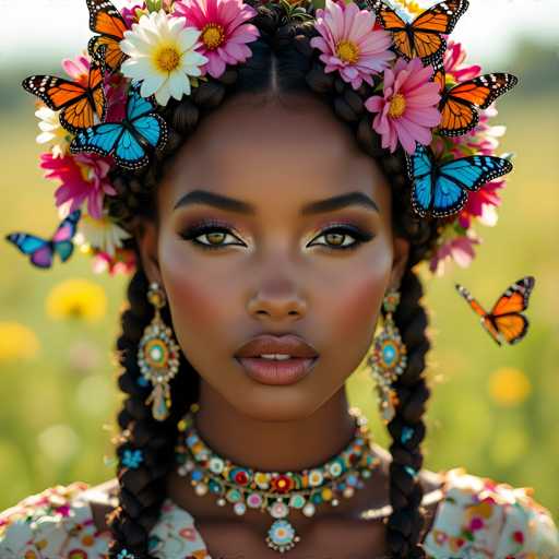 This image features a strikingly beautiful young African-American woman, likely in her early 20s, with a captivating presence. She has a medium complexion and is adorned with an array of vibrant makeup, including pink and purple eyeshadow, and a touch of yellow on her right eye. Her lips are painted a soft pink, and her cheeks are rosy, enhancing her natural beauty.

Her hair is styled in intricate braids that cascade down to her chest, each braid decorated with colorful beads in shades of blue, yellow, and green. Atop her head, a crown of flowers in pink, white, and yellow adds to her regal appearance. She wears large, dangling earrings that feature a central blue stone surrounded by yellow, green, and white stones, with a tassel hanging below.

Her attire is equally eye-catching, with a white dress adorned with floral patterns in yellow, pink, and blue. Around her neck, she wears a choker necklace that is a kaleidoscope of colors, including blue, yellow, green, red, and white, with a central blue stone.

The background is a blurred green field dotted with yellow flowers, which serves to further highlight her radiant and detailed appearance.