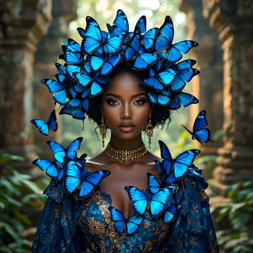 In this captivating image, a woman with dark skin stands gracefully in front of a backdrop of ancient stone columns and lush greenery. She is adorned in a stunning blue dress embellished with intricate gold floral patterns. Her ensemble is complemented by a thick, ornate gold choker necklace that sits elegantly around her neck. Her long, dangling earrings add a touch of sophistication to her look. The woman's hair is styled in a loose, curly ponytail, and her face is accentuated with dramatic makeup, including bold black eyeliner and striking red lipstick. Her expression is serene and composed, with her lips closed and her gaze directed straight at the camera. Adding to the enchanting atmosphere, numerous blue butterflies with black-tipped wings are scattered around her, some perched on her shoulders and chest, while others flutter in the air around her. The overall scene is a mesmerizing blend of ancient architecture, natural beauty, and ethereal elegance.