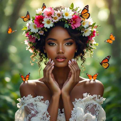 A captivating photograph features a young African-American woman with a dark complexion, adorned with a vibrant floral crown. The crown, composed of an array of pink, white, and red flowers interspersed with lush green leaves, sits elegantly atop her head. Her dark brown hair cascades down, framing her face, which is highlighted by her striking green eyes and full lips painted in a soft pink hue. She wears a delicate white lace dress that drapes off her shoulders, revealing her bare arms. Her hands are gently placed on her chin, showcasing her long, manicured nails. Surrounding her are seven monarch butterflies, their orange wings with black-tipped edges fluttering gracefully around her. The background is a blurred mix of green and brown, suggesting a natural setting, possibly a forest or garden, with sunlight filtering through the trees. The overall composition exudes a sense of serene beauty and natural harmony.