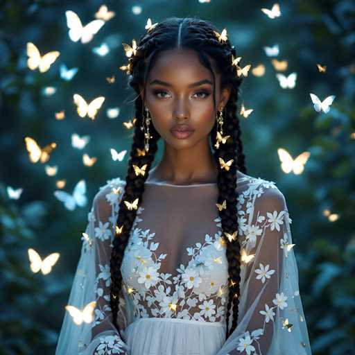 A captivating image of a young woman with dark skin and long, intricately braided hair adorned with golden accents. She is wearing a sheer, white dress with a floral pattern, which reveals a subtle glimpse of her chest. The dress features a low neckline and long sleeves, adding to its ethereal appearance. Surrounding her are numerous butterflies, glowing with a golden hue, that seem to be part of the magical atmosphere. The background is a blurred, dark green, suggesting a forest setting, which enhances the enchanting and mystical aura of the scene.