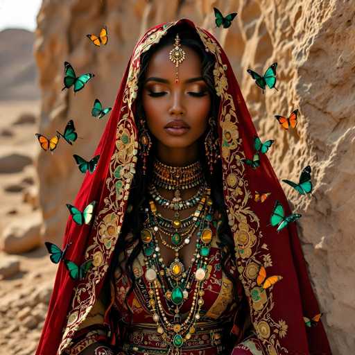 The image depicts a strikingly beautiful woman with dark skin, adorned in traditional Indian attire. She is dressed in a vibrant red and gold dress, complemented by an elaborate red and gold headscarf that drapes over her shoulders. Her attire is richly embellished with numerous pieces of jewelry, including multiple necklaces and bracelets that feature an array of colors such as green, gold, red, and blue. A prominent piece of jewelry hangs from her forehead, extending down to her nose. The woman's eyes are closed, and her lips are slightly parted, giving her a serene expression. Surrounding her are numerous butterflies in shades of green, blue, orange, and black, adding a magical touch to the scene. She stands in front of a large, light brown rock formation, with a blurred background that hints at a desert landscape. The overall composition is vibrant and detailed, capturing the essence of traditional Indian beauty and culture.