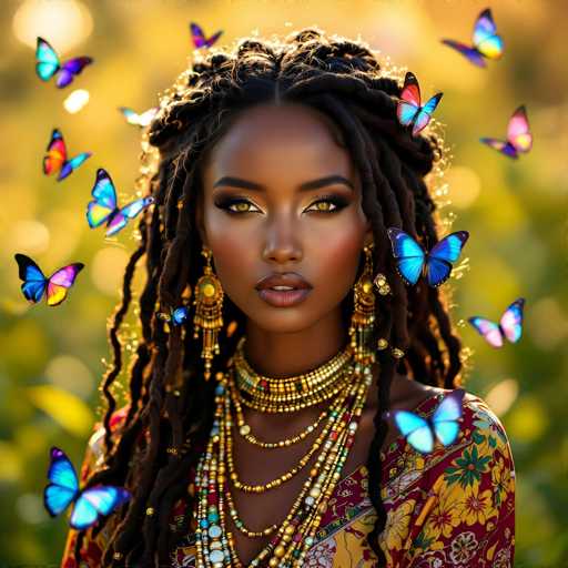 This image features a stunning portrait of a young African woman with long, intricately braided hair. Her skin is a rich, dark brown, and her eyes are a captivating golden brown, accentuated by thick black eyelashes and bold black eyebrows. She wears a vibrant red lipstick that complements her radiant complexion. Adorning her ears are long, dangling earrings that add to her elegant appearance. Around her neck, she sports a thick, golden choker necklace, from which multiple strands of beads and pearls hang, creating a luxurious effect. Her attire is a striking red dress adorned with yellow floral patterns, adding a touch of warmth and brightness to her ensemble. Surrounding her are numerous butterflies, their wings shimmering in various shades of blue, purple, and yellow, creating a magical and ethereal atmosphere. The background is a soft, blurred green, ensuring that all attention remains on the woman and the butterflies.