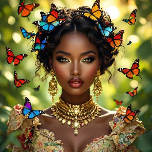 This AI-generated image features a striking portrait of a black woman with dark brown hair styled in a bun. She is adorned with an elaborate array of butterflies, predominantly monarch butterflies, in hues of orange, black, and white, with a few blue ones interspersed. The butterflies are scattered around her head and shoulders, creating a whimsical and enchanting effect. She wears a golden dress with puffy sleeves and a low neckline, complemented by a thick, ornate gold necklace that drapes down to her chest. Her makeup is bold, with dark eyeshadow and red lipstick, and she sports long, dangling gold earrings. The background is a blurred mix of green and yellow, suggesting an outdoor setting, which contrasts beautifully with her vivid attire and the fluttering butterflies.