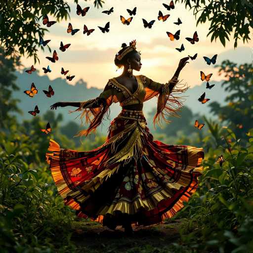 In this captivating image, a woman stands gracefully in a lush, green forest, surrounded by vibrant plants and trees. She is adorned in a stunning, traditional dress that features a rich palette of red, yellow, and gold, with intricate designs and fringes that add to its elegance. Her dress has a flowing, bell-shaped skirt that extends to the ground, and she wears a matching top with a gold belt and a red and gold skirt. The woman's hair is styled in a bun, and she wears a golden headpiece with a feather, along with long, dangling earrings. She has a dark complexion and is captured in a moment of serene beauty, with her arms outstretched and her eyes closed, as if she is dancing or performing. Surrounding her are numerous butterflies, predominantly orange and black, with a few blue ones, creating a magical atmosphere. The background features a soft, blurred sky with hues of yellow and blue, enhancing the enchanting and almost ethereal quality of the scene.