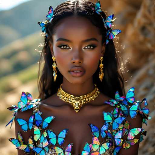A captivating photograph features a young African-American woman with long, dark hair adorned with delicate blue butterflies. Her striking green eyes are accentuated by thick, black eyelashes, and she wears a touch of pink lipstick that complements her natural beauty. She is dressed in a stunning gold dress, intricately designed with blue butterflies that appear to be woven into the fabric. The dress is low-cut, revealing her shoulders and the upper part of her chest. Around her neck, she wears a gold choker necklace, which is adorned with a prominent gold lion head at its center. The background is softly blurred, drawing attention to her face and the intricate details of her attire.
