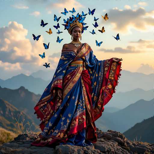 This image portrays a strikingly realistic and detailed depiction of a woman standing on a rocky outcrop. The woman is adorned in an elaborate and regal attire, featuring a blue and red dress with intricate gold floral patterns. Her ensemble is complemented by a matching shawl draped over her right shoulder, which also boasts gold designs. 

Her head is crowned with an ornate golden headpiece, from which blue and gold feathers elegantly cascade. She wears a necklace that appears to be crafted from gold, adding to her regal appearance. Her right shoulder is bare, while her left shoulder is covered by the shawl. 

Her pose is graceful, with her left hand resting on her hip and her right hand extended outward. She stands on a rugged, rocky surface, with the background revealing a serene landscape of distant mountains and a blue sky dotted with clouds. The overall composition of the image is highly realistic, capturing the textures and details of both the woman's attire and the natural surroundings with remarkable precision.