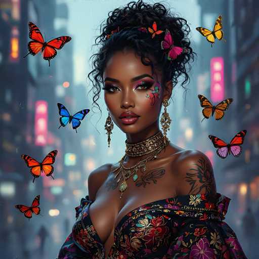 The image portrays a striking, computer-generated depiction of a young African-American woman, likely in her 20s, set against a blurred cityscape backdrop. She has dark skin and is adorned with intricate details that make her appear almost otherworldly. Her hair is styled in a high, curly bun, accentuated with a pink and orange barrette. She wears heavy eye makeup, featuring purple eyeshadow and long eyelashes, complemented by pink lipstick. Her face is further embellished with a tattoo of a flower on her left cheek and a dragonfly on her right shoulder. She is dressed in a black, floral-patterned dress that is low-cut, revealing her cleavage, and has a piece of fabric draped over her left shoulder. Around her neck, she wears a thick, ornate choker necklace, with additional necklaces hanging below it. She also sports long, dangling earrings. Surrounding her are numerous butterflies in various colors, including orange, blue, and purple, adding to the ethereal quality of the image. The background, though blurred, suggests a city environment with tall buildings and neon signs, enhancing the modern, urban setting of this captivating portrait.