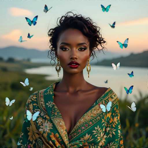 The image depicts a strikingly beautiful African-American woman with a dark complexion and short, curly black hair. She is adorned with long, dangling gold earrings and wears vibrant red lipstick. Her attire is a green dress or shawl with intricate gold and orange floral patterns, featuring a deep V-neck that reveals some cleavage. Surrounding her are numerous butterflies, predominantly blue and white, with a few displaying a mix of blue, white, and black. The background showcases a serene landscape with a body of water, possibly a lake or river, bordered by green grass and rolling hills. The sky above is a light blue with a few clouds, suggesting either sunrise or sunset. The overall scene is a harmonious blend of natural beauty and the woman's elegant presence, with the butterflies adding a touch of ethereal wonder.