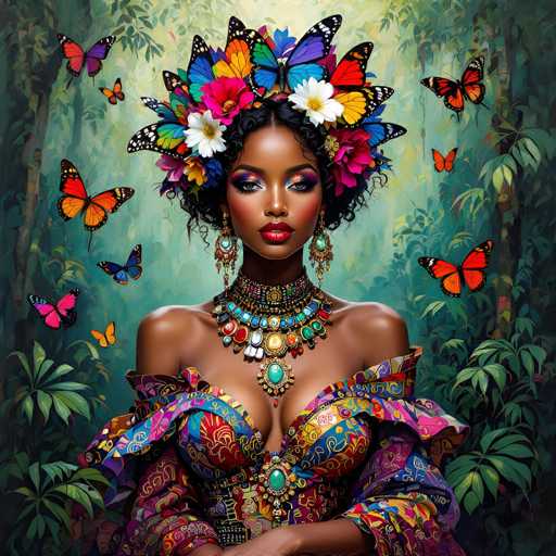 This vibrant, AI-generated image features a striking African-American woman adorned in an elaborate and colorful ensemble. She wears a stunning headdress that resembles a crown, composed of multicolored butterflies and flowers, with hues of blue, red, yellow, green, and purple. Her makeup is equally vivid, with bright red lipstick, blue and purple eyeshadow, and a touch of white on her eyelids. Her black hair is styled in an updo, and she wears long, dangling earrings that match her ornate necklace. The necklace is a masterpiece of multicolored jewels, including turquoise, red, yellow, and green stones, and it features a prominent turquoise gem at its center. Her dress is equally eye-catching, with puffy sleeves and a chest that reveals some cleavage, adorned with more turquoise jewels. The background is a lush, green forest teeming with butterflies of various colors, including orange, blue, and pink, adding to the overall magical and fantastical atmosphere of the image.