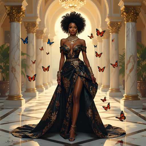 A stunning, digitally-created portrait of a Black woman in an elaborate, dark black gown with gold floral detailing. She is standing in a grand, ornate hallway with marble floors and golden columns, bathed in warm light. Numerous butterflies of various colors are fluttering around her, adding a magical and ethereal quality to the scene. The woman has a voluminous afro hairstyle and is adorned with gold jewelry, including a statement necklace and bracelets. Her expression is serene and confident. The overall style is highly detailed and artistic, with a focus on luxurious textures and dramatic lighting.