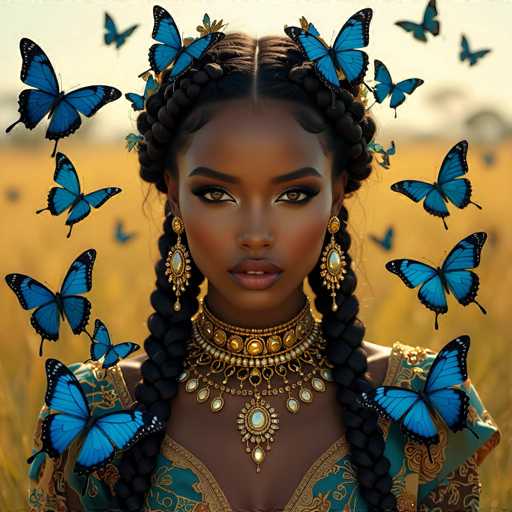 This captivating image portrays a young African-American woman with a striking appearance. She has a dark complexion and her hair is styled in two braids that elegantly frame her face. Her eyes are a mesmerizing brown, and her lips are adorned with a subtle shade of lipstick. She is dressed in an elaborate, ornate gown that features a low neckline, revealing a portion of her chest. The gown is predominantly blue with intricate gold detailing, and it is adorned with a large, ornate necklace that adds to her regal appearance. The necklace is embellished with gold and white jewels, and it features a prominent pendant that dangles gracefully. Her ears are adorned with large, dangling earrings that are also embellished with gold and white jewels, adding to her overall elegance.

The background of the image is a serene, golden field, which complements her attire and adds to the overall warmth of the scene. The image is a close-up shot, focusing on her face and upper body, which allows for a detailed appreciation of her features and attire. The overall composition is both beautiful and regal, capturing the essence of her beauty and the intricate details of her attire.