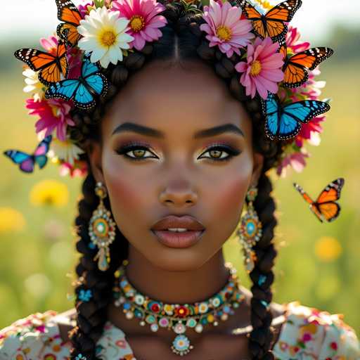 The image features a beautiful young woman with long braids, wearing a flower crown and earrings. She has striking green eyes that add to her overall appearance. The background of the image is filled with colorful flowers, creating an enchanting atmosphere around the girl. There are multiple butterflies in various positions throughout the scene, adding a sense of movement and liveliness to the image.
