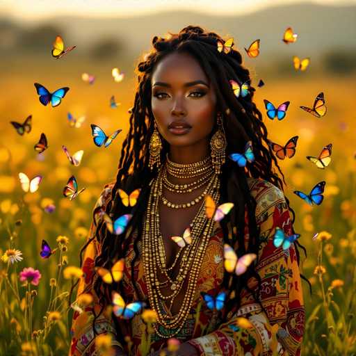 The image features a beautiful woman with long dreadlocks wearing an ornate, colorful dress. She is surrounded by numerous butterflies of various sizes and colors, creating a vibrant and lively atmosphere in the field where she stands. The combination of her striking appearance and the enchanting presence of the butterflies adds to the overall visual appeal of the scene.
