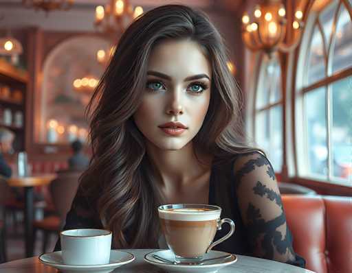 In this AI-generated image, a woman with long, wavy brown hair and striking blue eyes is seated at a round table in a cozy restaurant. She is wearing a black, sheer, lacy top that adds an elegant touch to her appearance. The table in front of her holds two cups: one is a white coffee cup with a brown rim, and the other is a clear glass cup filled with a light brown liquid, possibly a latte or cappuccino, topped with a layer of white foam. The background features a warm, inviting ambiance with a chandelier hanging from the ceiling and a bookshelf to the left. Large windows on the right side of the image allow natural light to flood the space, enhancing the cozy atmosphere. The woman is looking directly at the camera, creating a sense of connection with the viewer.
