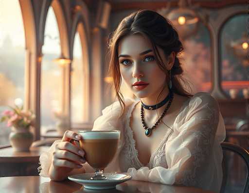 In this AI-generated image, a woman with brown hair styled in a bun sits at a table in a cozy coffee shop. She is wearing a sheer, lacy white blouse and a black choker necklace adorned with a blue gem. Her makeup is striking, featuring red lipstick and blue eyes. The woman is holding a cup of coffee with a frothy top, resting her right elbow on the table. The background is softly blurred, highlighting the warm, inviting atmosphere of the shop with its large windows, hanging lights, and a vase of flowers on the table. The overall scene exudes a serene and intimate ambiance.