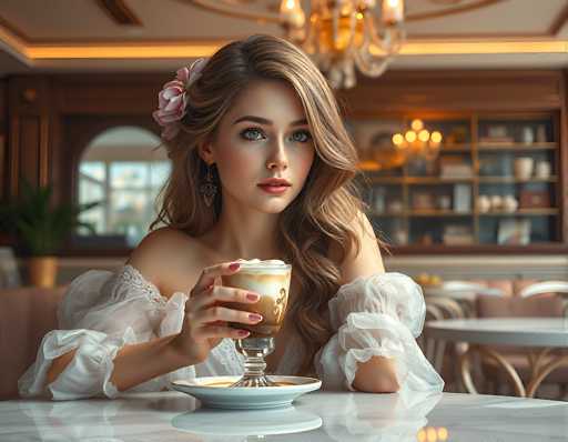 In this AI-generated image, a woman with long, wavy brown hair adorned with a pink flower sits at a round, white marble table in a restaurant. She has striking blue eyes and is wearing a white, lacy dress with puffy sleeves that expose her shoulders. Her nails are painted pink, and she holds a clear glass cup filled with a brown liquid, possibly a latte or coffee, topped with cream. The background features a blurred view of the restaurant's interior, including a bookshelf, a window, and a chandelier hanging from the ceiling. The overall scene is slightly out of focus, adding to the dreamlike quality of the image.