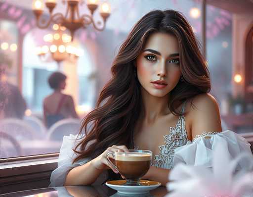 The image depicts a young woman, likely in her early 20s, seated at a table in a restaurant. She has long, dark brown hair with subtle highlights and is wearing a white dress adorned with intricate lace details. The dress features puffy sleeves that extend to her elbows, adding a touch of elegance to her outfit. The woman is holding a cup of coffee with both hands, her gaze directed towards the camera, though her eyes are slightly averted. The background is blurred, revealing a chandelier and a few other patrons, including a woman with short brown hair and a man in a suit. The overall ambiance suggests a cozy, upscale dining environment.
