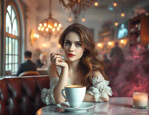 In this AI-generated image, a woman with long, wavy brown hair and striking blue eyes is seated at a round marble table in a cozy restaurant. She is wearing a white lace dress with puffy sleeves and has her elbows resting on the table. Her right hand is raised to her mouth, showcasing her red lipstick, while her left arm is draped over the back of the brown leather booth. In front of her sits a white coffee cup on a saucer, and a lit candle adds a warm glow to the scene. The background is blurred, featuring other patrons and a large window to the left, with chandeliers hanging from the ceiling. The overall ambiance is intimate and inviting, with a soft pink haze enveloping the woman, enhancing the dreamlike quality of the image.