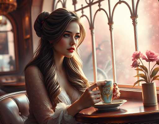 In this AI-generated image, a woman is seated at a round table in a cozy restaurant. She is holding a blue teacup with a gold design, which rests on a matching saucer. The woman is dressed in a white gown adorned with lace sleeves, and her long brown hair is styled in a half-up, half-down manner with a clip. She has striking blue eyes and is gazing thoughtfully out of a window. The window features an ornate metal frame with arches and pillars, adding a touch of elegance to the scene. On the table, there is a small vase containing three pink roses and some green leaves. The background is slightly blurred, revealing other tables and chairs, as well as a person standing in the distance. The overall ambiance of the image is warm and inviting, capturing a serene moment of contemplation.