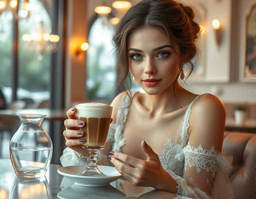 In this AI-generated image, a woman with brown hair styled in an elegant updo sits in a cozy coffee shop. She is wearing a white lace dress that exudes a delicate and sophisticated charm. The woman's blue eyes and pink lips add to her striking appearance. She holds a cup of coffee in her right hand, which is adorned with blue nail polish. The coffee cup is placed on a white saucer, and beside it, there is a glass pitcher filled with water. The background features a warm and inviting ambiance with a brown leather couch and a window that allows natural light to filter in. The scene is further enhanced by the presence of a few other patrons and decorative elements, creating a serene and pleasant atmosphere.