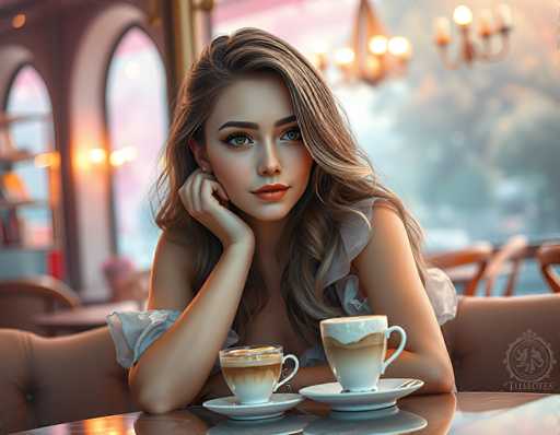 This image is a highly detailed, computer-generated illustration of a young woman with long, wavy brown hair, sitting in a cozy, upscale café. She is wearing a white blouse with puffy sleeves that reach her elbows, and she has light makeup on, including pink lipstick and eye shadow. Her blue eyes are gazing directly at the viewer. The woman is leaning on a shiny, reflective table with her right elbow, her hand resting under her chin, while her left arm is tucked under her right elbow. In front of her are two white coffee cups on saucers, one containing a light brown coffee with a frothy top, and the other a white coffee with a brown swirl. The café setting features a brown leather booth with a backrest, and the background is softly blurred, revealing large arched windows, chandeliers, and other tables and chairs. The overall ambiance suggests a serene and elegant environment, perfect for a leisurely coffee break.