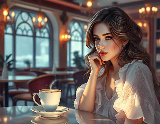 The image depicts a young woman, likely in her early 20s, seated at a round table in a cozy restaurant. She has long, wavy brown hair with blonde highlights and is wearing a white blouse adorned with intricate lace details on the sleeves and chest. Her makeup is meticulously applied, featuring red lipstick, and she accessorizes with silver earrings. The woman is resting her chin on her right hand, which is positioned on the table, while her left arm is not visible in the frame. In front of her sits a white teacup with a gold rim, placed on a matching saucer, from which steam rises, suggesting it is freshly brewed. The background is softly blurred, revealing other tables and chairs, a bookshelf, and large windows that let in natural light, adding to the warm and inviting atmosphere of the restaurant.