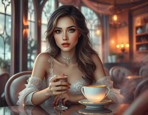The image depicts a highly realistic, computer-generated scene of a woman seated in a cozy, dimly-lit café. She is wearing a white, lacy dress with sheer sleeves that extend to her elbows, and a matching choker necklace. Her long, wavy brown hair cascades over her shoulders, and she has striking blue eyes and red lipstick. The woman is holding a glass of wine in her right hand, while her left hand rests on the table, which is adorned with a teacup and saucer. The café features a warm, inviting atmosphere with numerous windows, a bookshelf, and a chandelier hanging from the ceiling. The background is slightly blurred, emphasizing the woman as the focal point of the image.