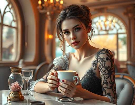 In this AI-generated image, a woman is seated at a table in a restaurant, holding a white coffee cup with both hands. The cup features a handle on the right side. The woman has brown hair styled in a bun and is adorned with earrings. She is wearing a black lace top with frilly sleeves that extend to her elbows. Her nails are painted red, and she has rings on her fingers. The table in front of her is gray, and to her left, there is a glass of wine and a decorative jar with a pink flower. The background is blurred, but you can make out a chandelier hanging from the ceiling and large windows that suggest it is daytime. The overall scene is detailed and realistic, showcasing the woman's attire and the restaurant's ambiance.