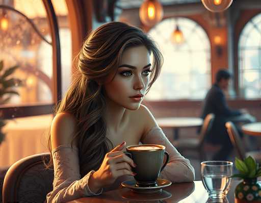 In this AI-generated image, a woman with long, dark brown hair is seated at a table in a cozy café. She is wearing a sheer, lacy, long-sleeved top that reveals her shoulders and arms. Her nails are painted red, and she holds a large, dark gray coffee cup with a saucer in her right hand. The café features a warm, inviting ambiance with large windows and arched doorways, allowing natural light to flood the space. Hanging from the ceiling are several circular lights that add to the cozy atmosphere. In the background, a man in a black suit is seated at another table, facing away from the woman. The café's decor includes a small green plant with white flowers in a pineapple-shaped vase, adding a touch of whimsy to the setting. The woman appears to be gazing off into the distance, perhaps lost in thought or admiring the café's charming interior.