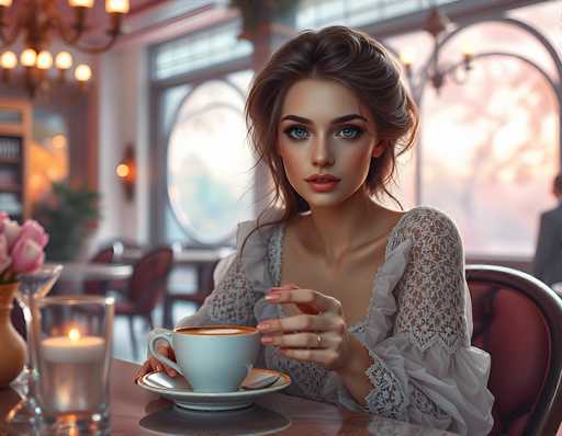 In this AI-generated image, a woman with brown hair styled in a bun sits at a table in a restaurant. She is wearing a white dress with lace sleeves and has blue eyes. The woman is holding a white coffee cup with a saucer, and a spoon rests on the saucer. A candle in a glass holder sits to her left, and a vase with pink flowers is also on the table. The background features large windows, a chandelier, and other tables with chairs, though they are blurred. The woman is looking directly at the camera, and the image has a slightly cartoonish quality, particularly in the rendering of her face.